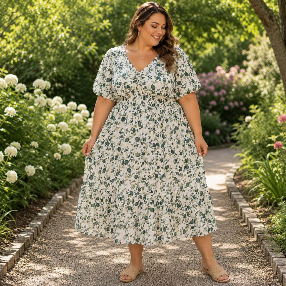 Floral Midi Dress Plus Size 1X Puff Sleeve Tiered Babydoll Cottagecore Boho
